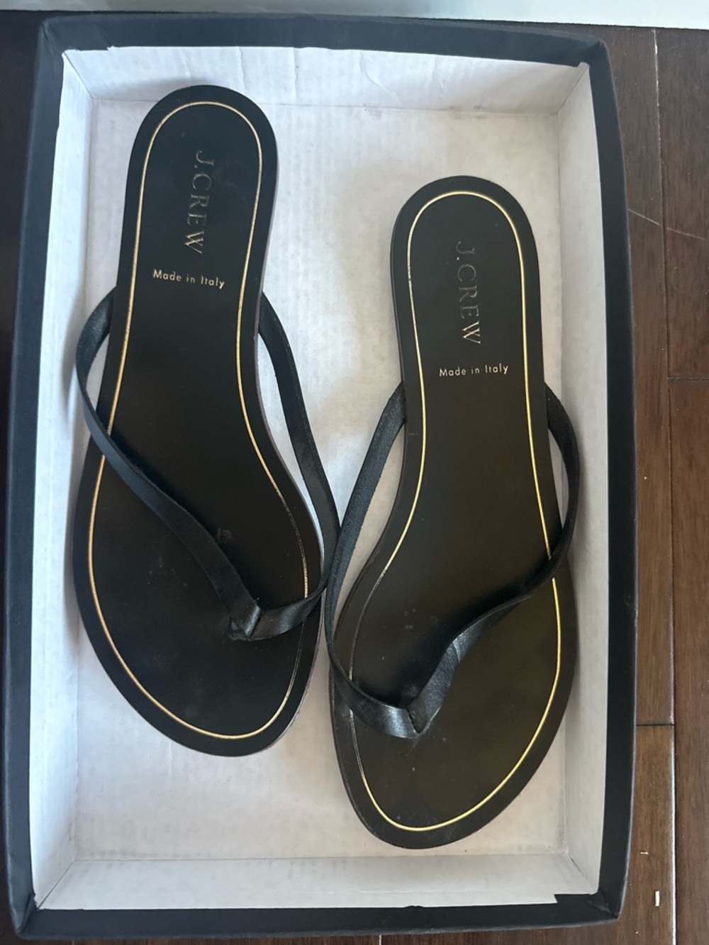 J. Crew Black Leather Flip Flop Sandals with Gold Trim
